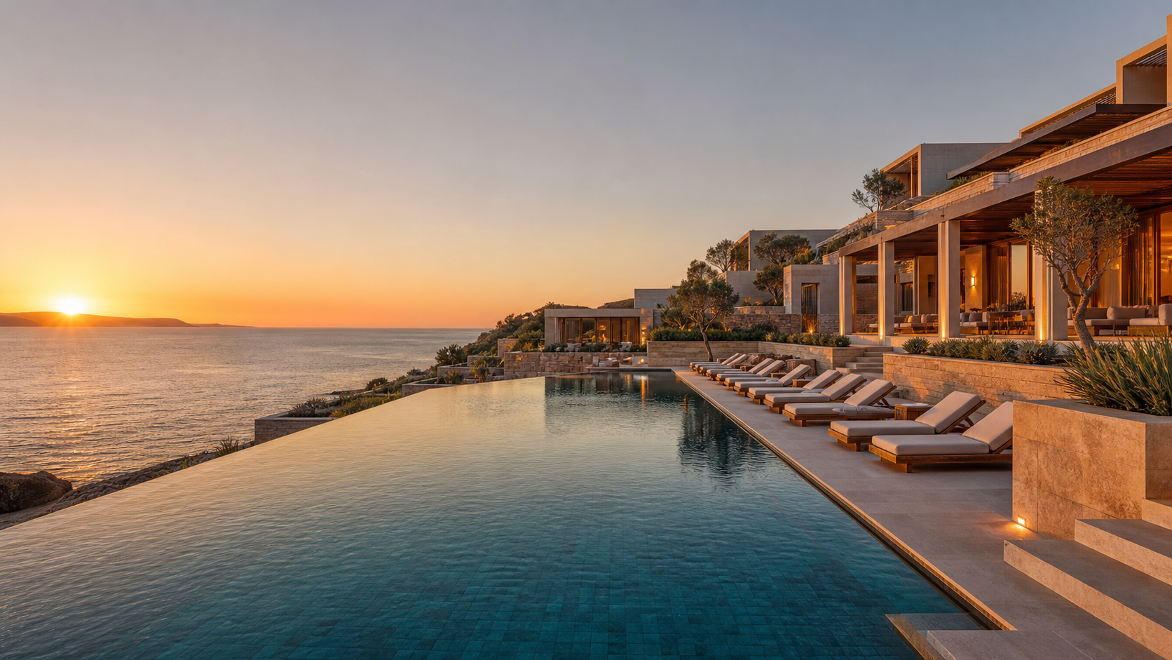 Gün batımında infinity havuzlu lüks resort