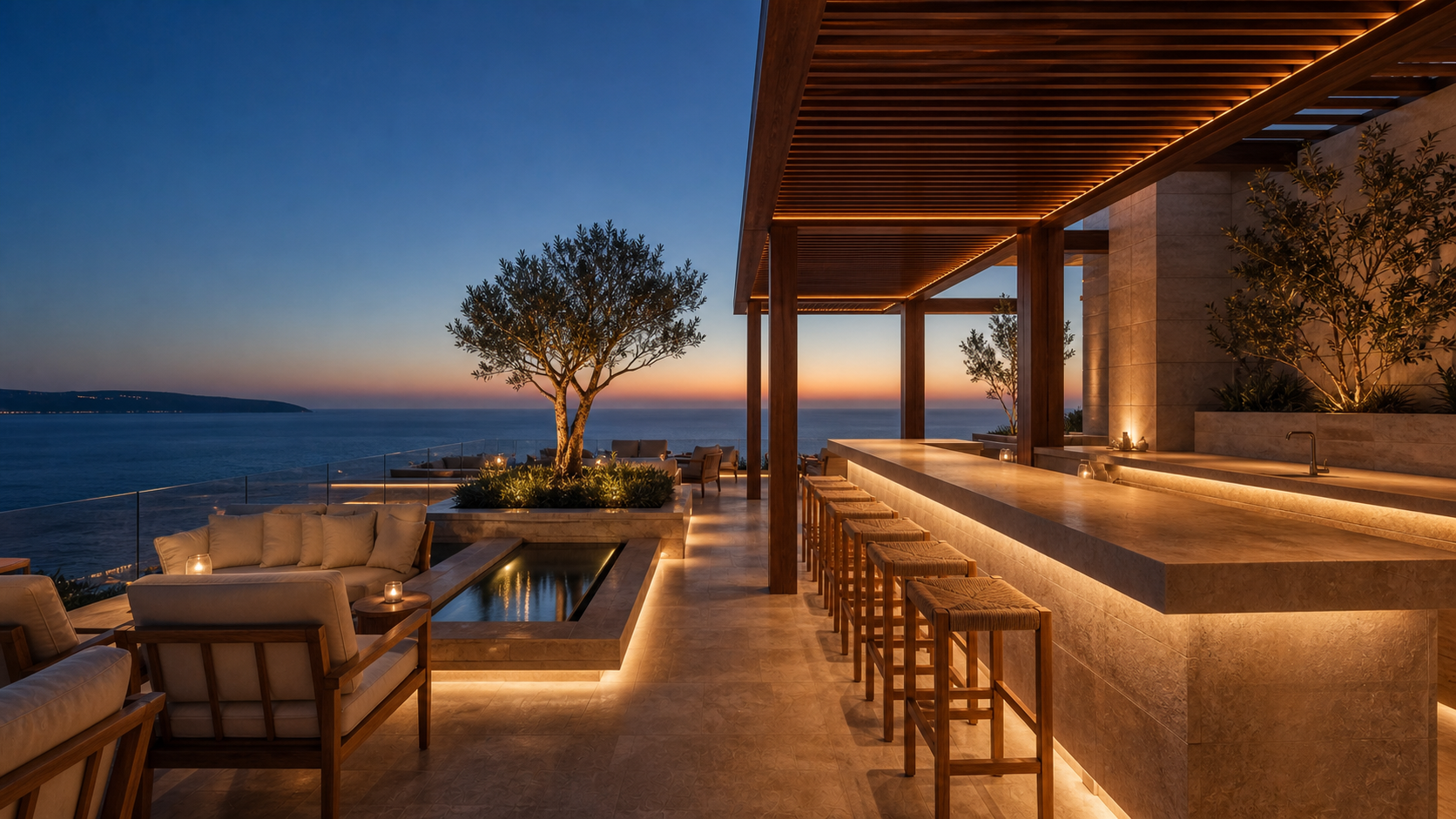 Deniz manzaralı çatı terası bar ve lounge