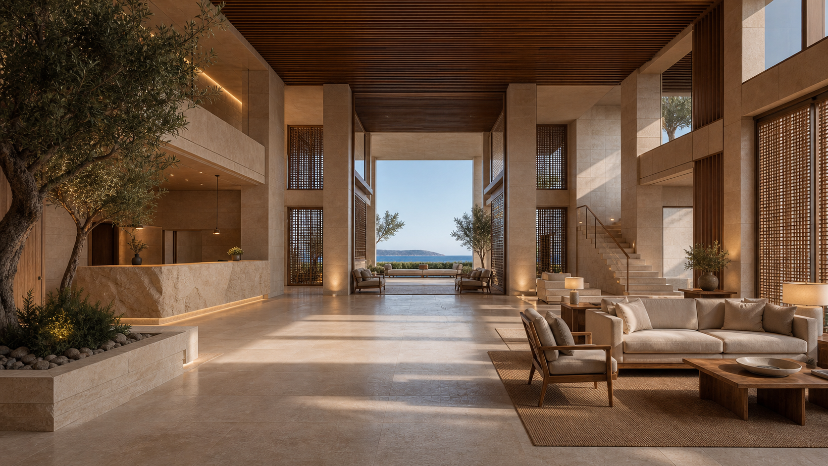 Deniz manzaralı modern otel lobisi